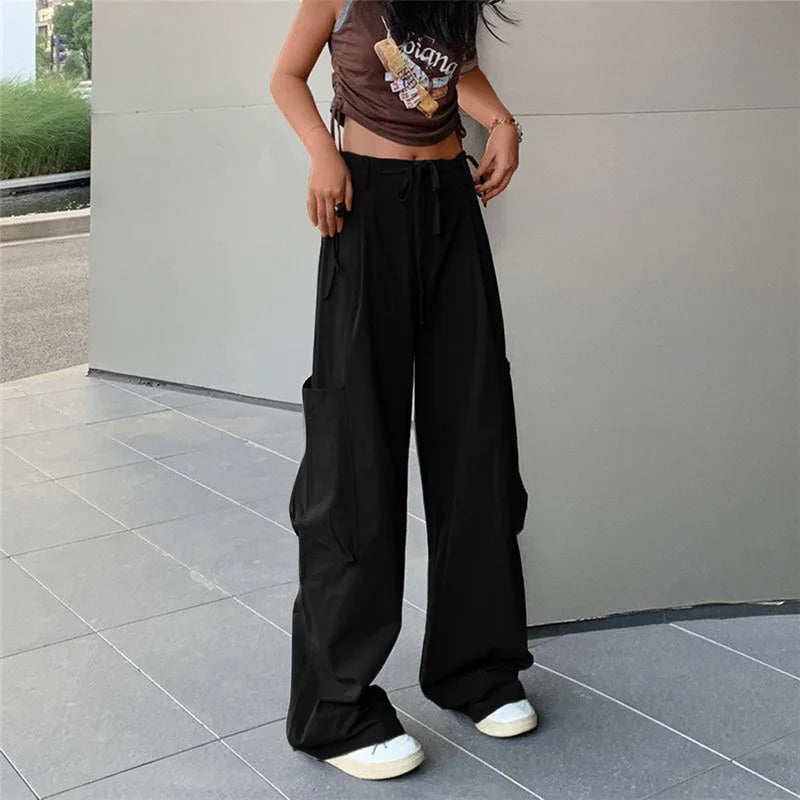 Women Casual Cargo Pant Solid Low Waist Drawstring Big Pockets Wide Leg Baggy Trousers Female Y2K Streetwear Oversize Sweatpants