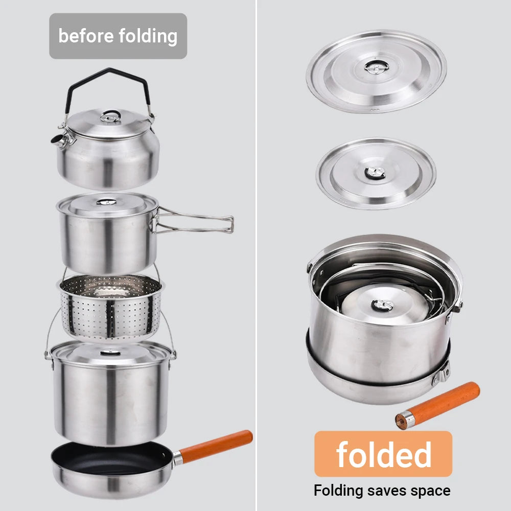 Pandatour Camping Cookware Set Kettle Set Pot Tableware Kit Travel Kitchen Utensils Hiking Picnic Pot Bowl stainless steel Pan