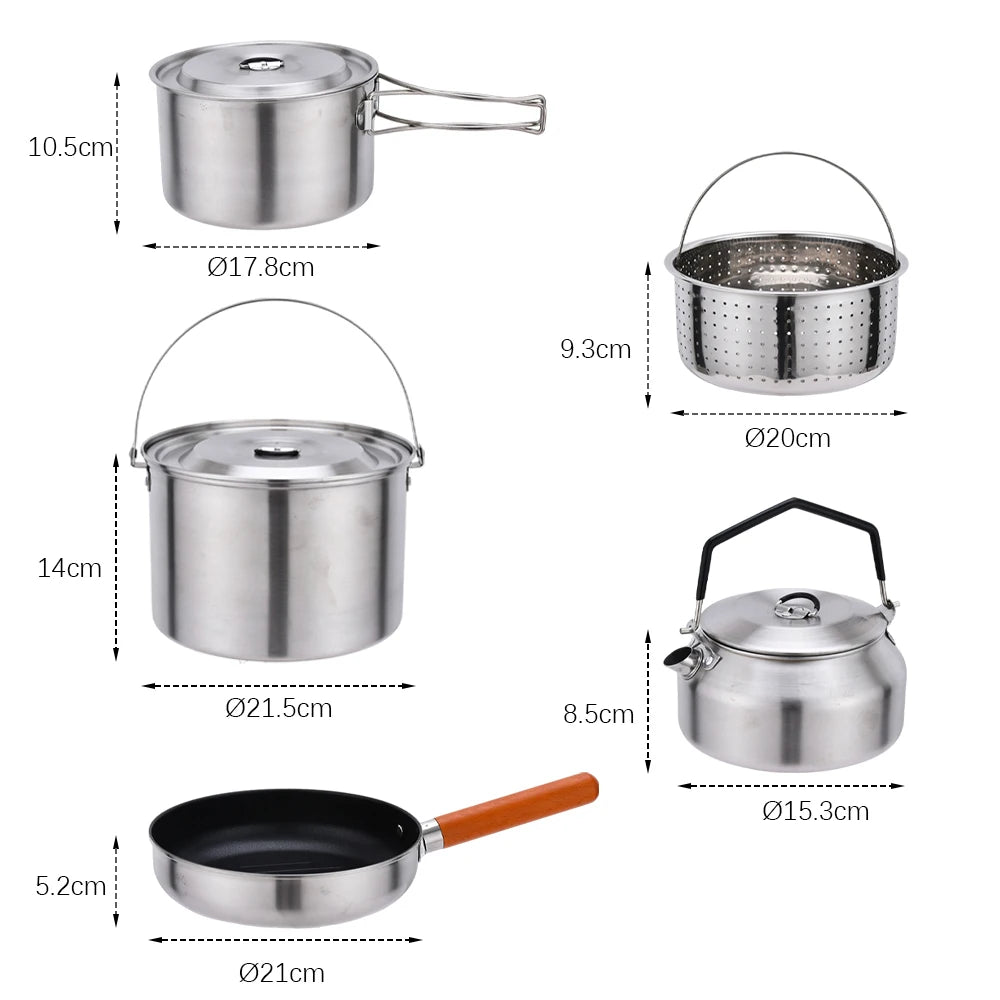 Pandatour Camping Cookware Set Kettle Set Pot Tableware Kit Travel Kitchen Utensils Hiking Picnic Pot Bowl stainless steel Pan