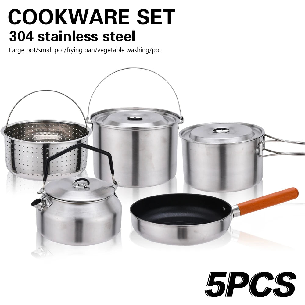 Pandatour Camping Cookware Set Kettle Set Pot Tableware Kit Travel Kitchen Utensils Hiking Picnic Pot Bowl stainless steel Pan