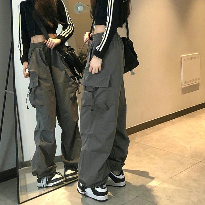 Women Casual Cargo Pant Solid Low Waist Drawstring Big Pockets Wide Leg Baggy Trousers Female Y2K Streetwear Oversize Sweatpants