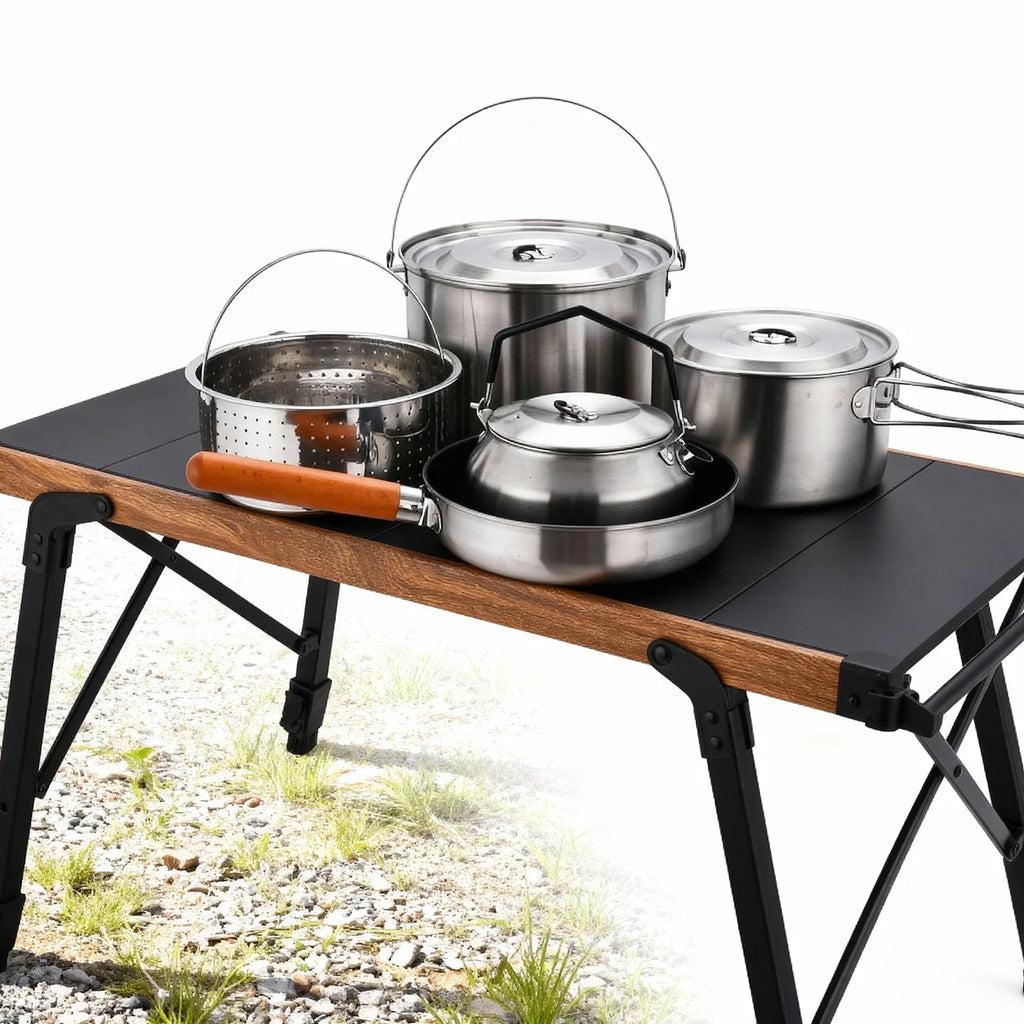 Pandatour Camping Cookware Set Kettle Set Pot Tableware Kit Travel Kitchen Utensils Hiking Picnic Pot Bowl stainless steel Pan
