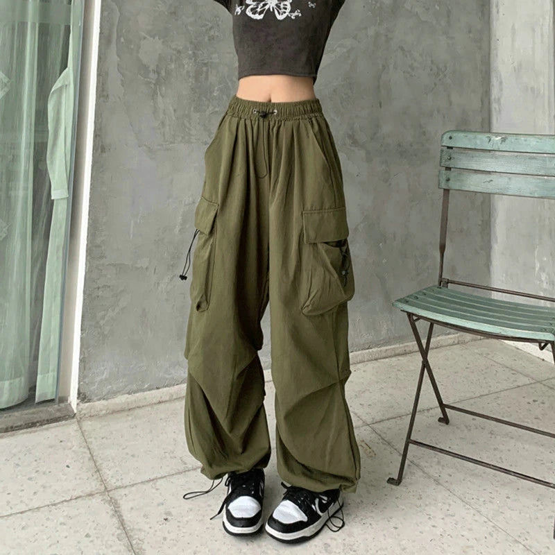 Women Casual Cargo Pant Solid Low Waist Drawstring Big Pockets Wide Leg Baggy Trousers Female Y2K Streetwear Oversize Sweatpants