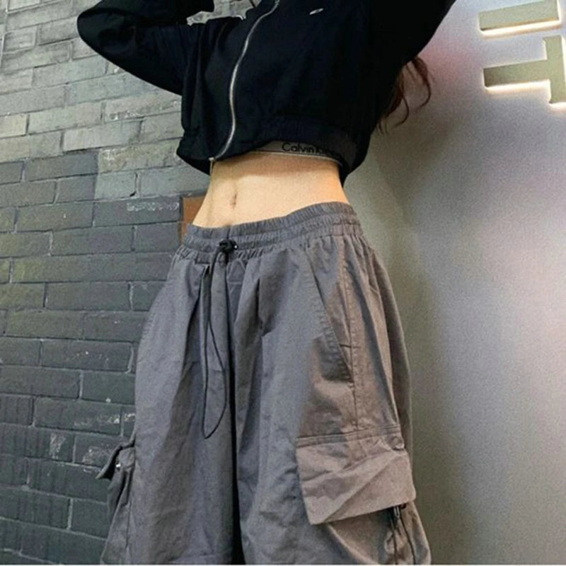 Women Casual Cargo Pant Solid Low Waist Drawstring Big Pockets Wide Leg Baggy Trousers Female Y2K Streetwear Oversize Sweatpants