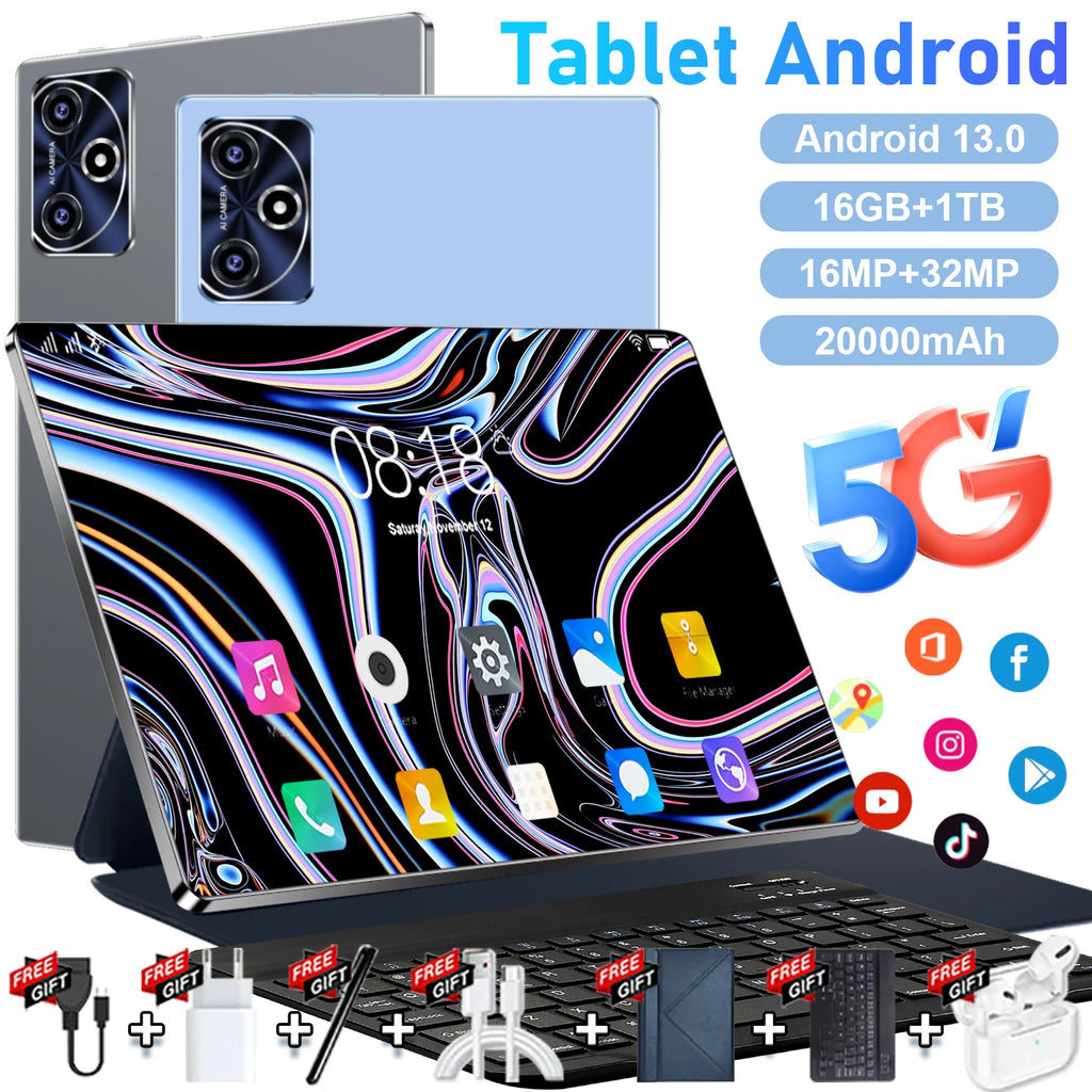 2026 Global Version Tablet Android 5G New 10.36Inch Tablet Android 16GB RAM 1TB ROM 20000mAh 14-Core Android 13 WiFi Dual SIM Network Bluetooth WPS GPS