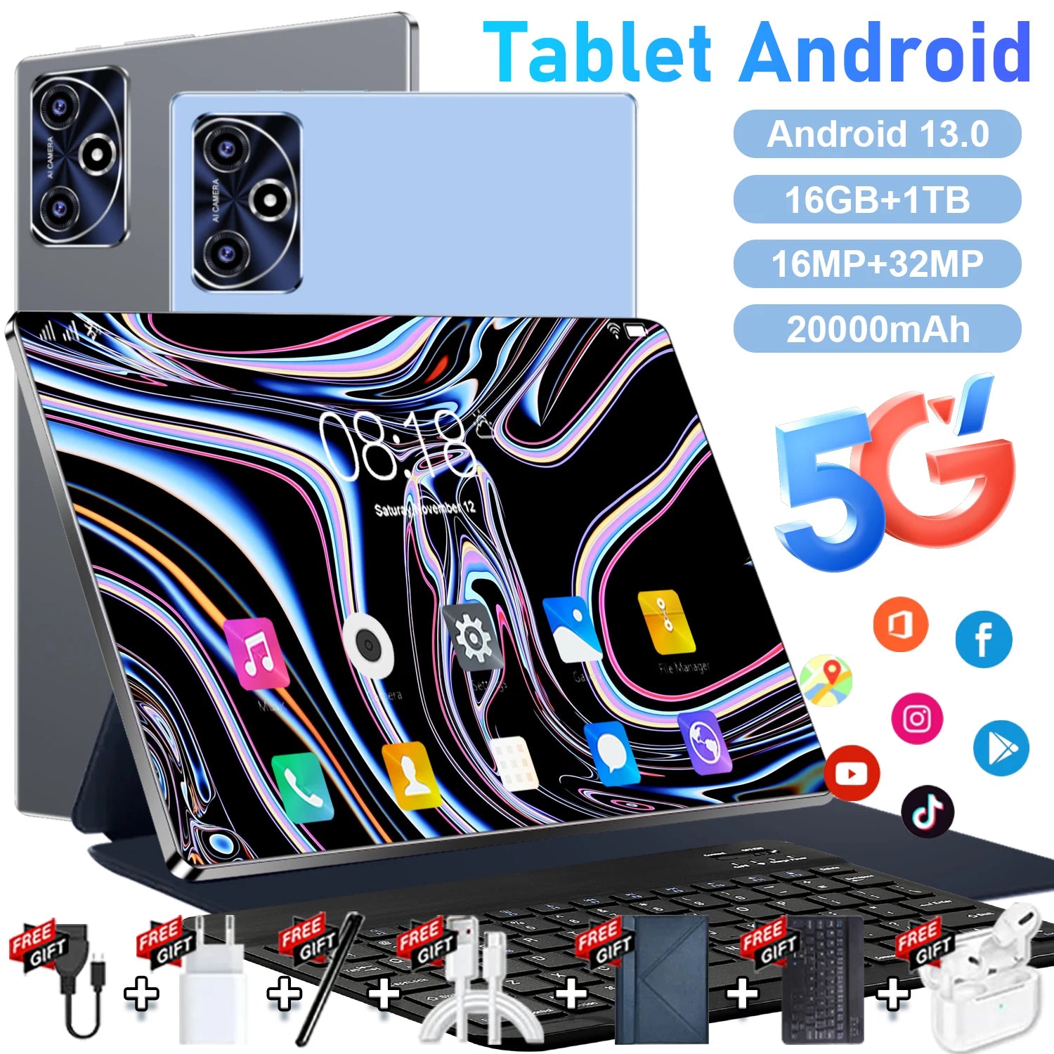 2026 Global Version Tablet Android 5G New 10.36Inch Tablet Android 16GB RAM 1TB ROM 20000mAh 14-Core Android 13 WiFi Dual SIM Network Bluetooth WPS GPS