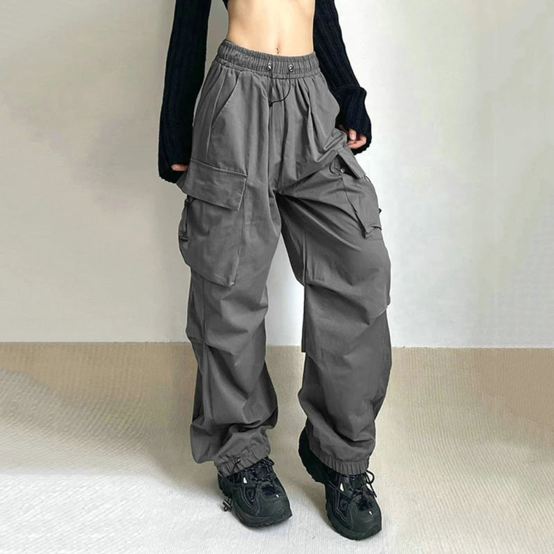 Women Casual Cargo Pant Solid Low Waist Drawstring Big Pockets Wide Leg Baggy Trousers Female Y2K Streetwear Oversize Sweatpants