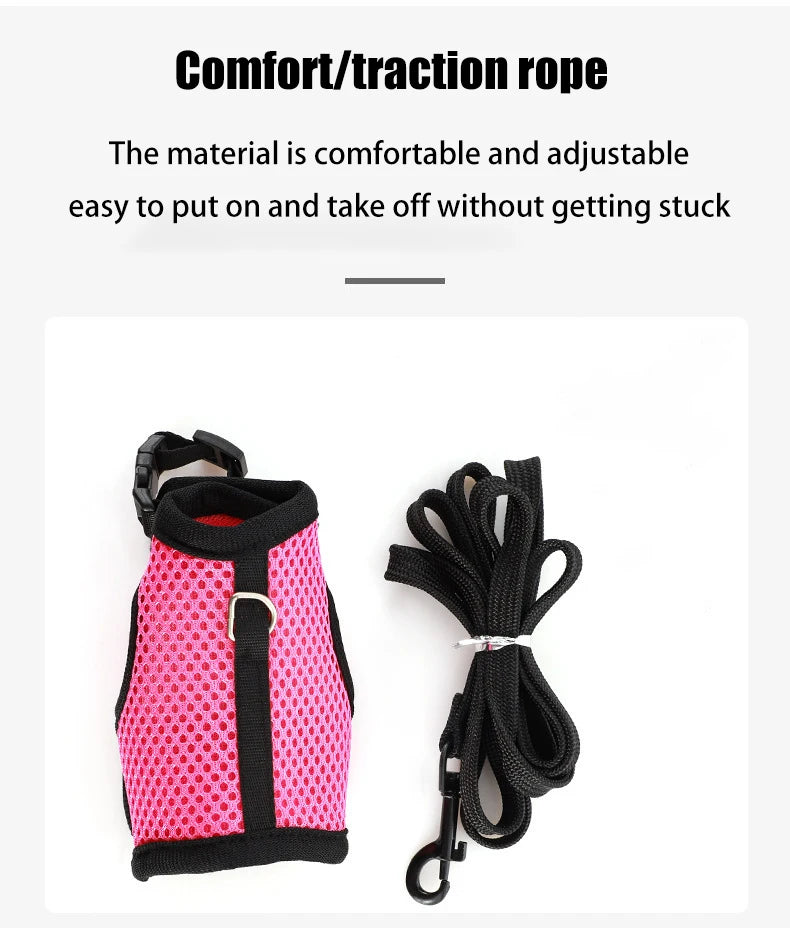 Breathable and stylish pet vest-style harness with adjustable soft strap and elastic leash set, suitable for rabbits and cats