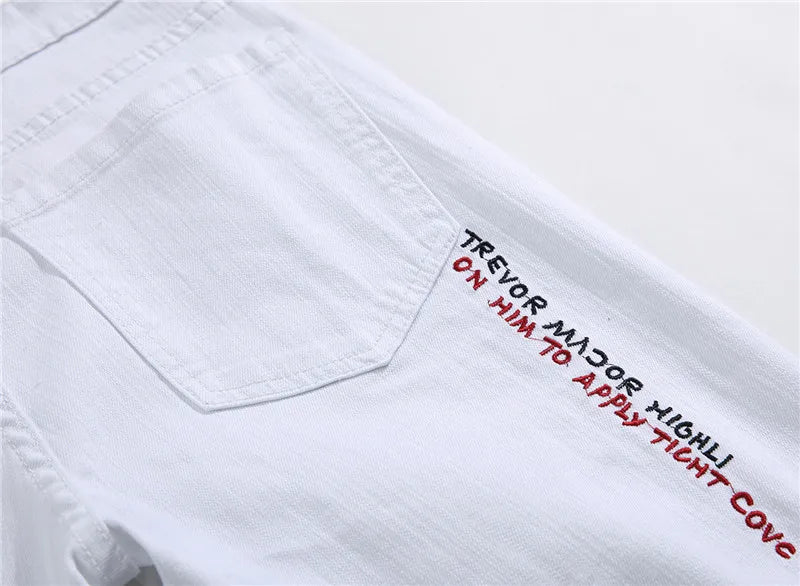 New Men Streetwear personality Ripped printed white skinny Jeans Hip Hop Punk Casual motorcycle stretch denim jeans trousers