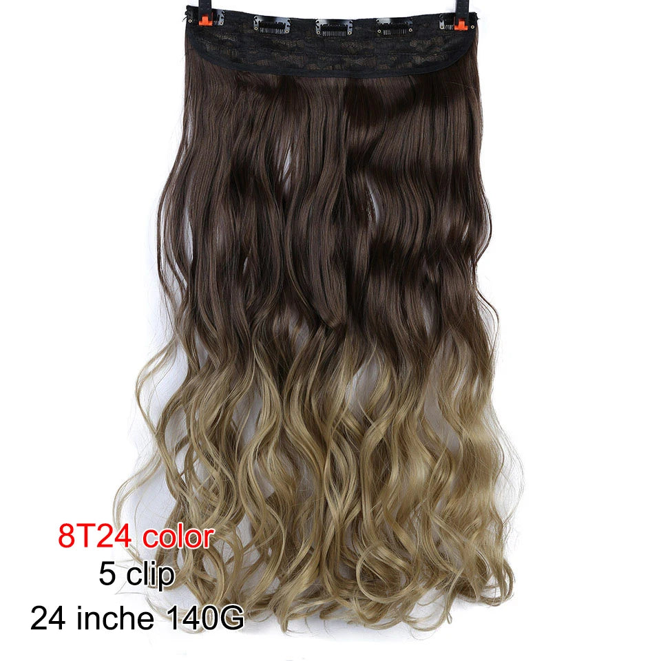 PAGEUP   5 clips on long straight hair extensions 24 Inch synthetic ombre black brown clip on fake hairpieces for women hair