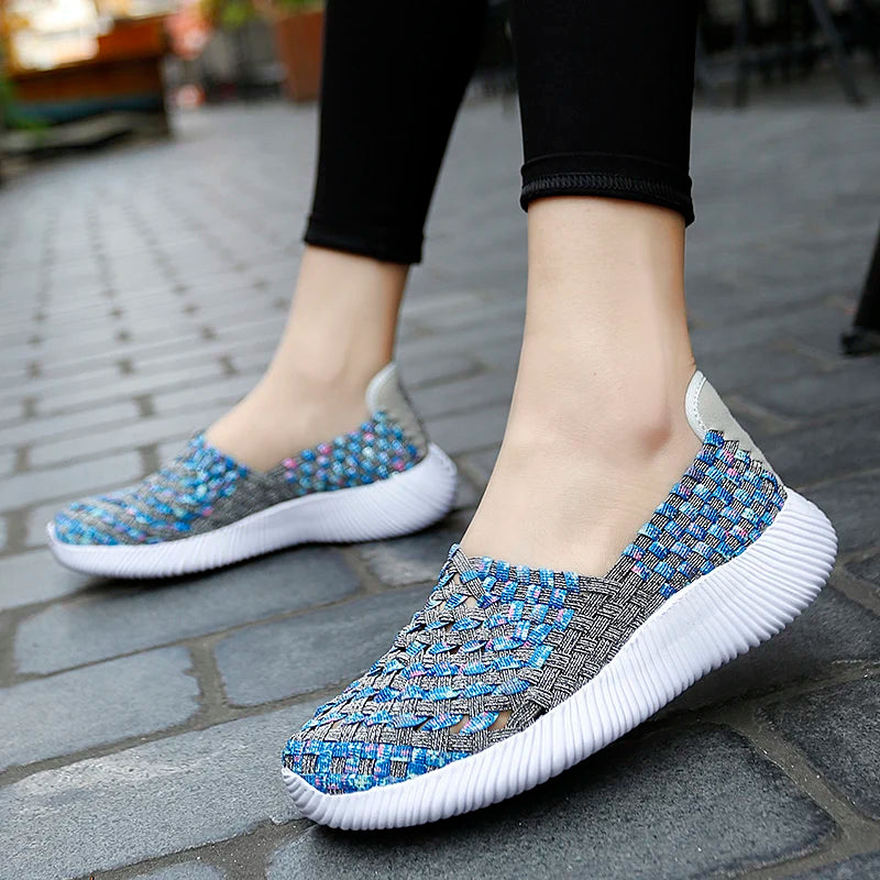 Casual Shoes Women Summer Woven Flats Sneakers Slip On Female Loafers Lightweight Breathable Boat Shoe Fashion Lady Tenis