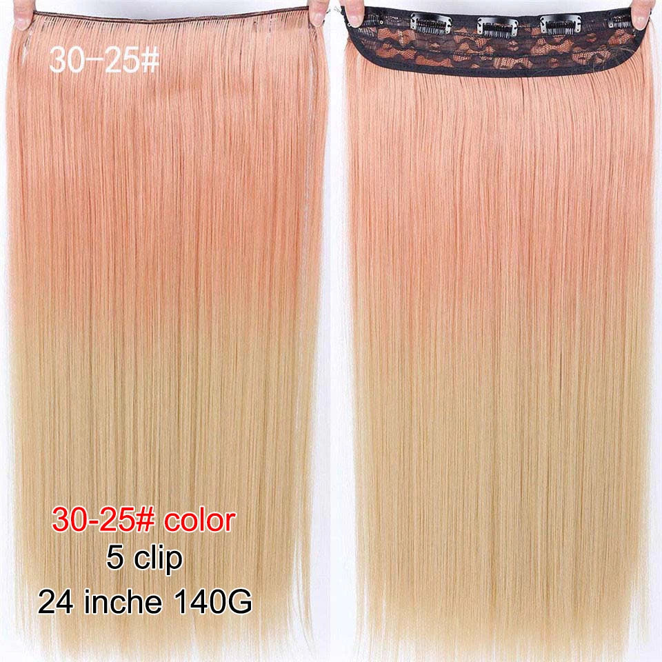 PAGEUP   5 clips on long straight hair extensions 24 Inch synthetic ombre black brown clip on fake hairpieces for women hair