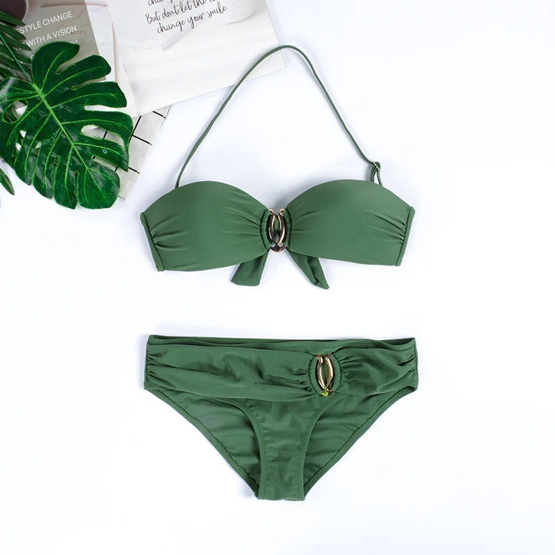 Push Up Bikini Swimwear for Women 2023 Blue Bikini Set Brazilian Bathing Suit Halter Swimsuit Black White Yellow Green