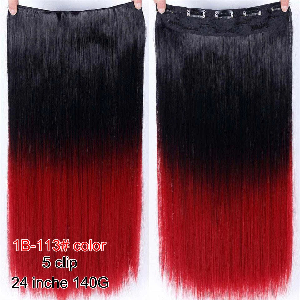 PAGEUP   5 clips on long straight hair extensions 24 Inch synthetic ombre black brown clip on fake hairpieces for women hair