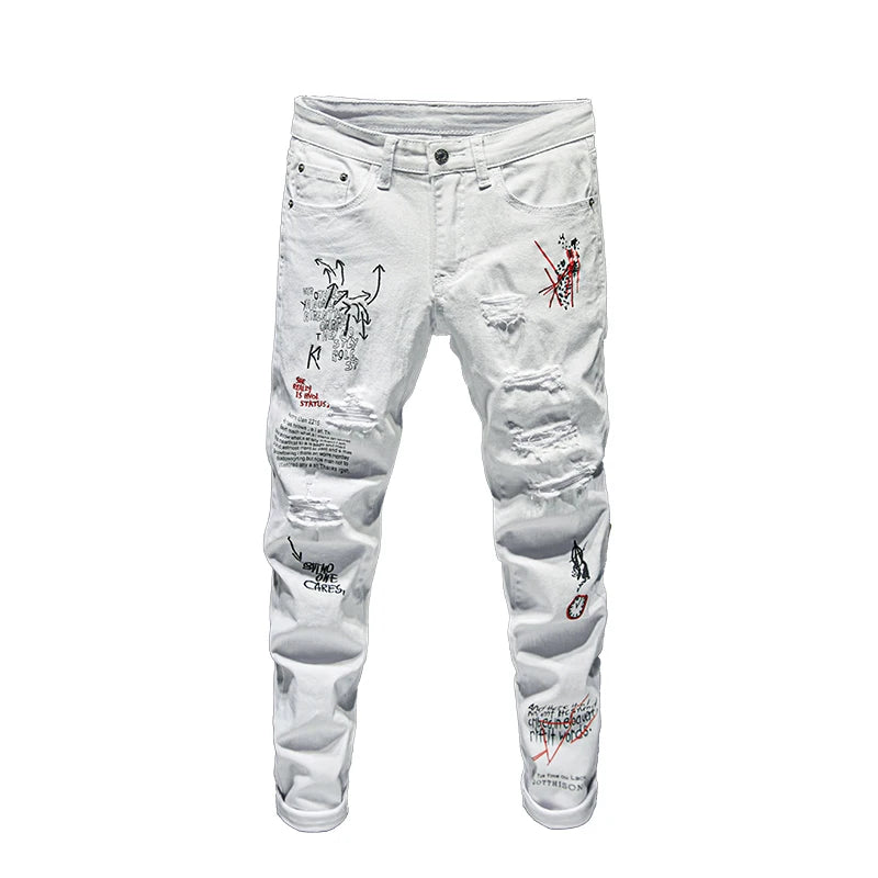 New Men Streetwear personality Ripped printed white skinny Jeans Hip Hop Punk Casual motorcycle stretch denim jeans trousers