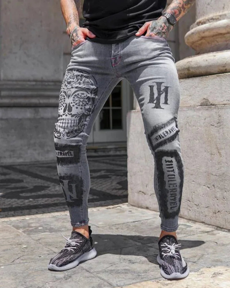 Trendy Men's Stretch Jeans Casual Pants Slim Printed Gray Jeans Men Fashion Printed Jeans Men Pencil Pants Skinny Jeans Men