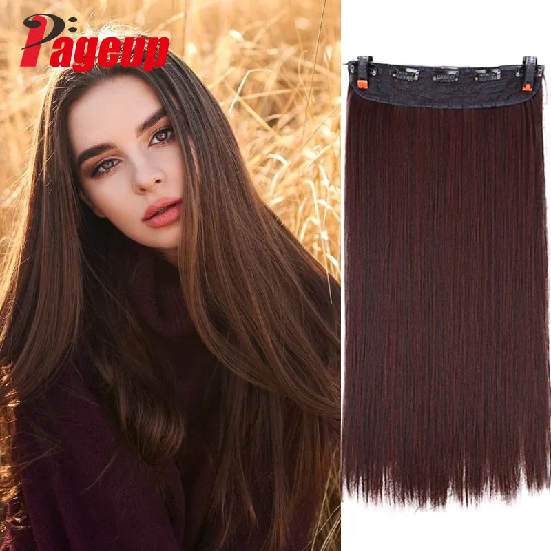 PAGEUP   5 clips on long straight hair extensions 24 Inch synthetic ombre black brown clip on fake hairpieces for women hair