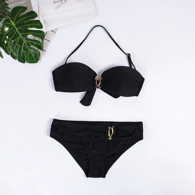 Push Up Bikini Swimwear for Women 2023 Blue Bikini Set Brazilian Bathing Suit Halter Swimsuit Black White Yellow Green
