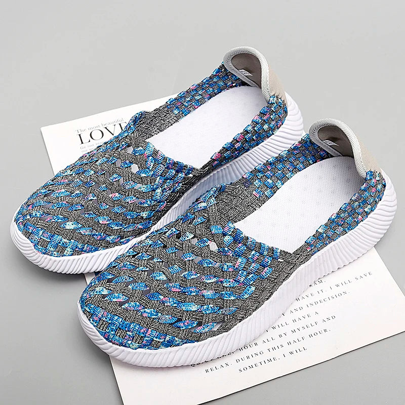 Casual Shoes Women Summer Woven Flats Sneakers Slip On Female Loafers Lightweight Breathable Boat Shoe Fashion Lady Tenis