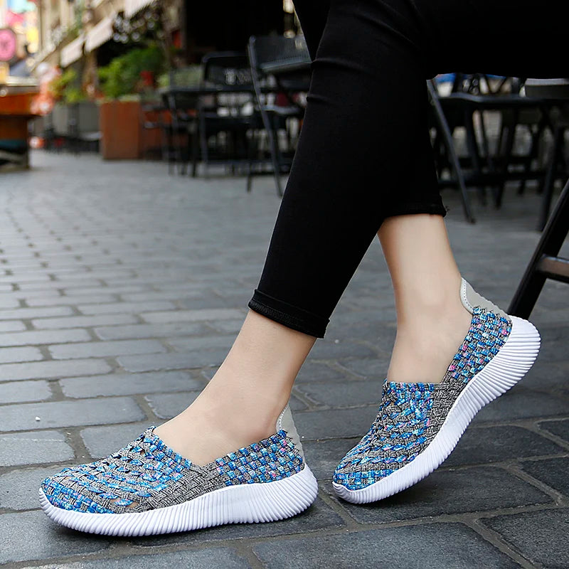 Casual Shoes Women Summer Woven Flats Sneakers Slip On Female Loafers Lightweight Breathable Boat Shoe Fashion Lady Tenis