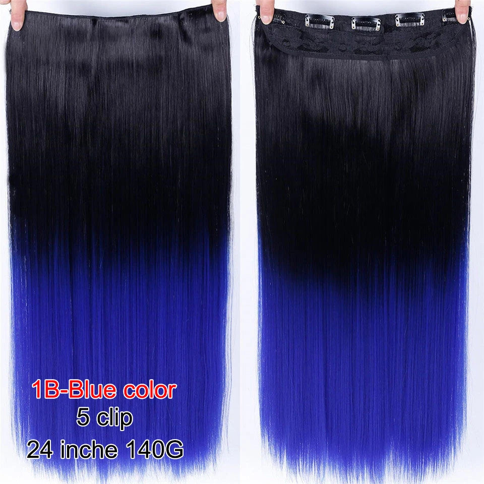 PAGEUP   5 clips on long straight hair extensions 24 Inch synthetic ombre black brown clip on fake hairpieces for women hair