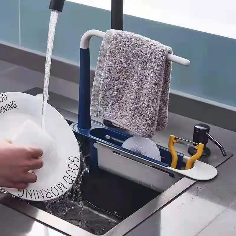 Kitchen Sink Organizer Telescopic Sink Shelf Soap Sponge Holder Towel Hanger Sink Drain Rack With Drainer Basket Kitchen Gadgets