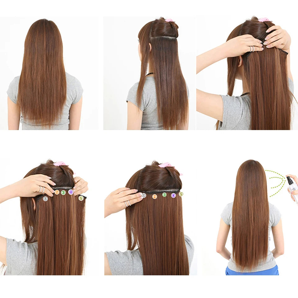 PAGEUP   5 clips on long straight hair extensions 24 Inch synthetic ombre black brown clip on fake hairpieces for women hair