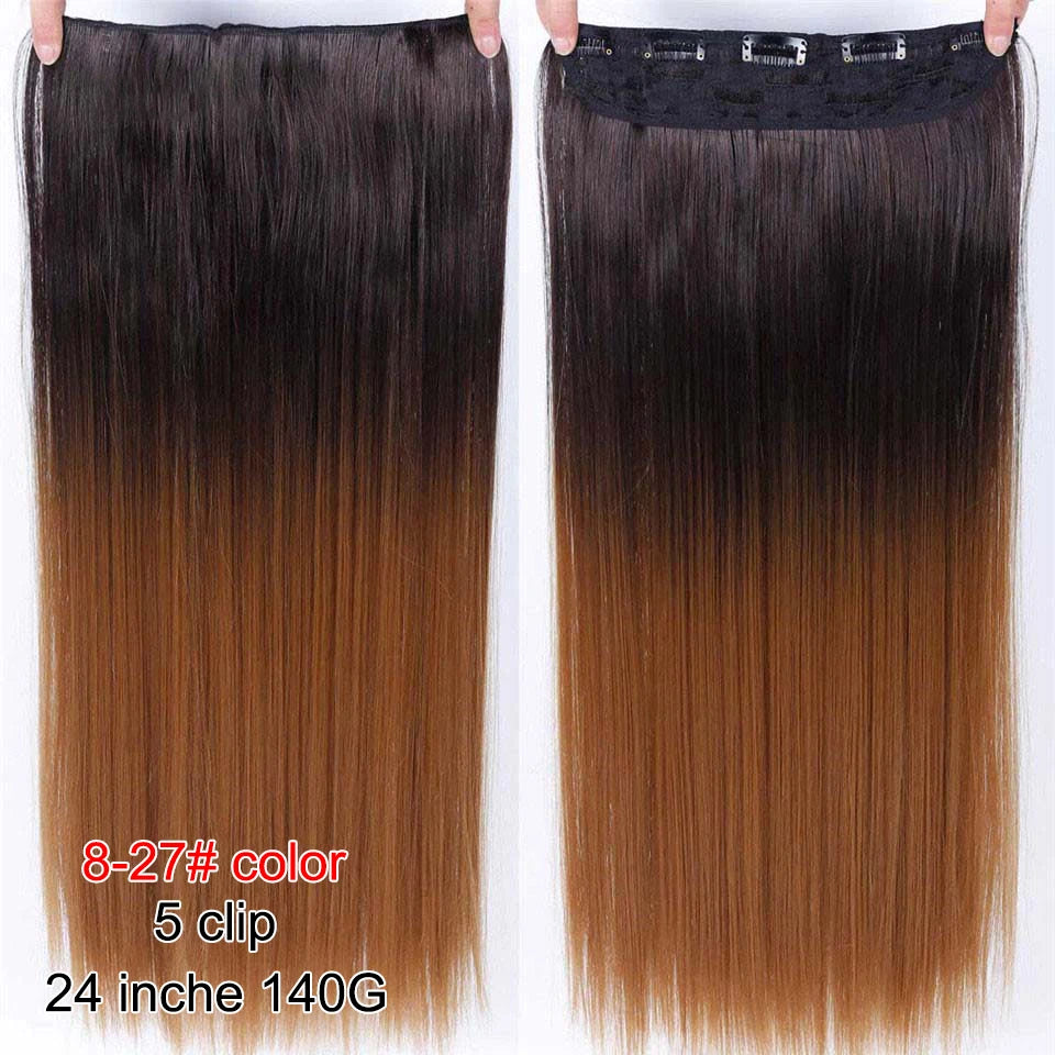 PAGEUP   5 clips on long straight hair extensions 24 Inch synthetic ombre black brown clip on fake hairpieces for women hair