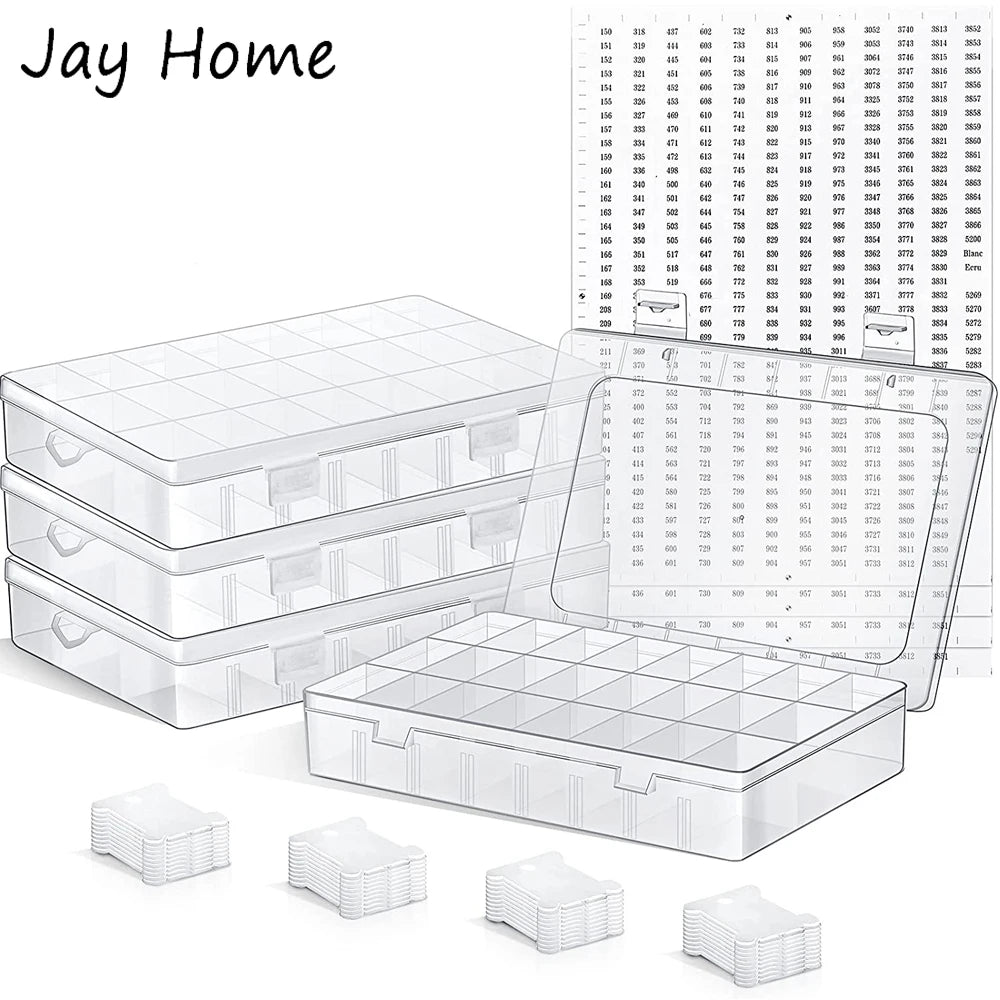 Embroidery Floss Organizer Box Set with 24 Girds Cross Stitch Organizer Box & Floss Bobbins & Floss Number Stickers DIY