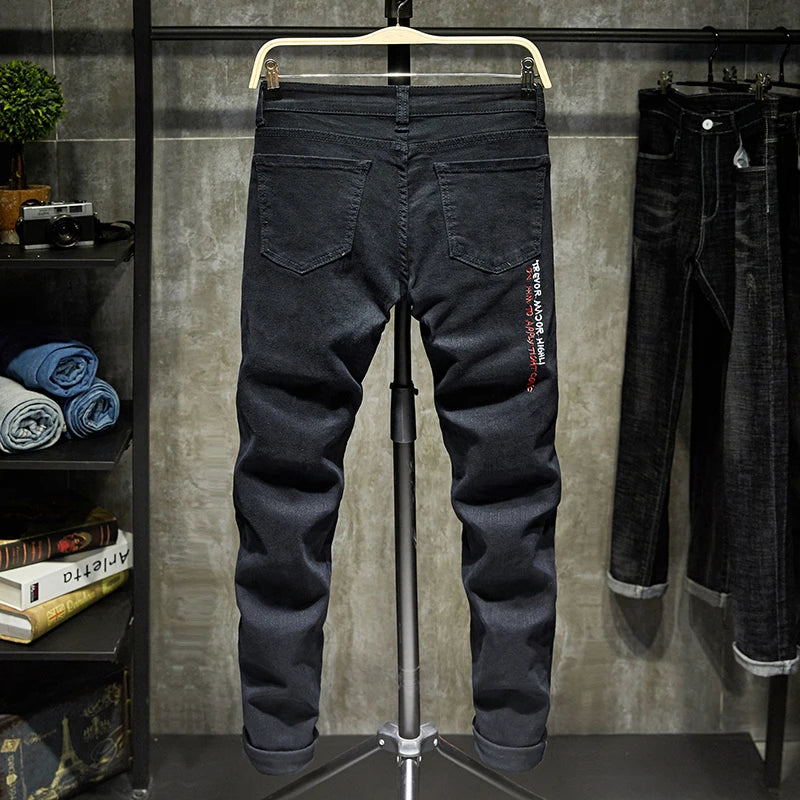 New Men Streetwear personality Ripped printed white skinny Jeans Hip Hop Punk Casual motorcycle stretch denim jeans trousers