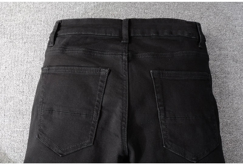 Men Black Skinny Stretch Pencil Jeans Streetwear Classic Slim Denim Pants Trousers