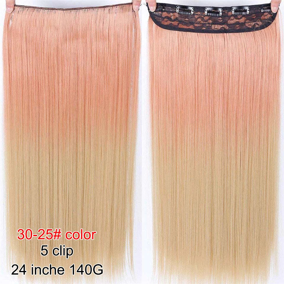 PAGEUP   5 clips on long straight hair extensions 24 Inch synthetic ombre black brown clip on fake hairpieces for women hair