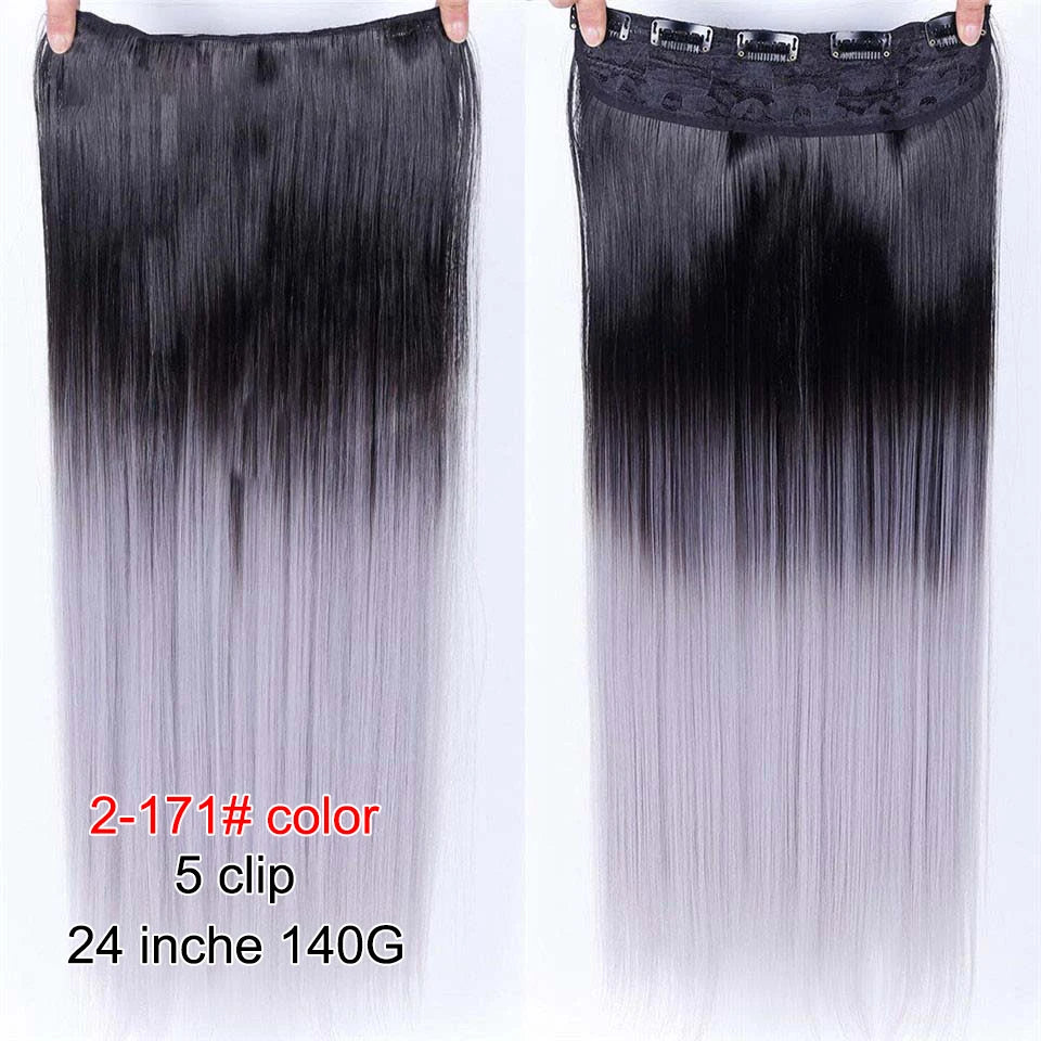 PAGEUP   5 clips on long straight hair extensions 24 Inch synthetic ombre black brown clip on fake hairpieces for women hair