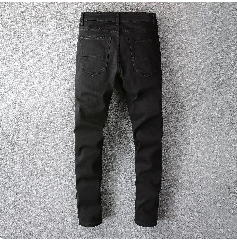 Men Black Skinny Stretch Pencil Jeans Streetwear Classic Slim Denim Pants Trousers