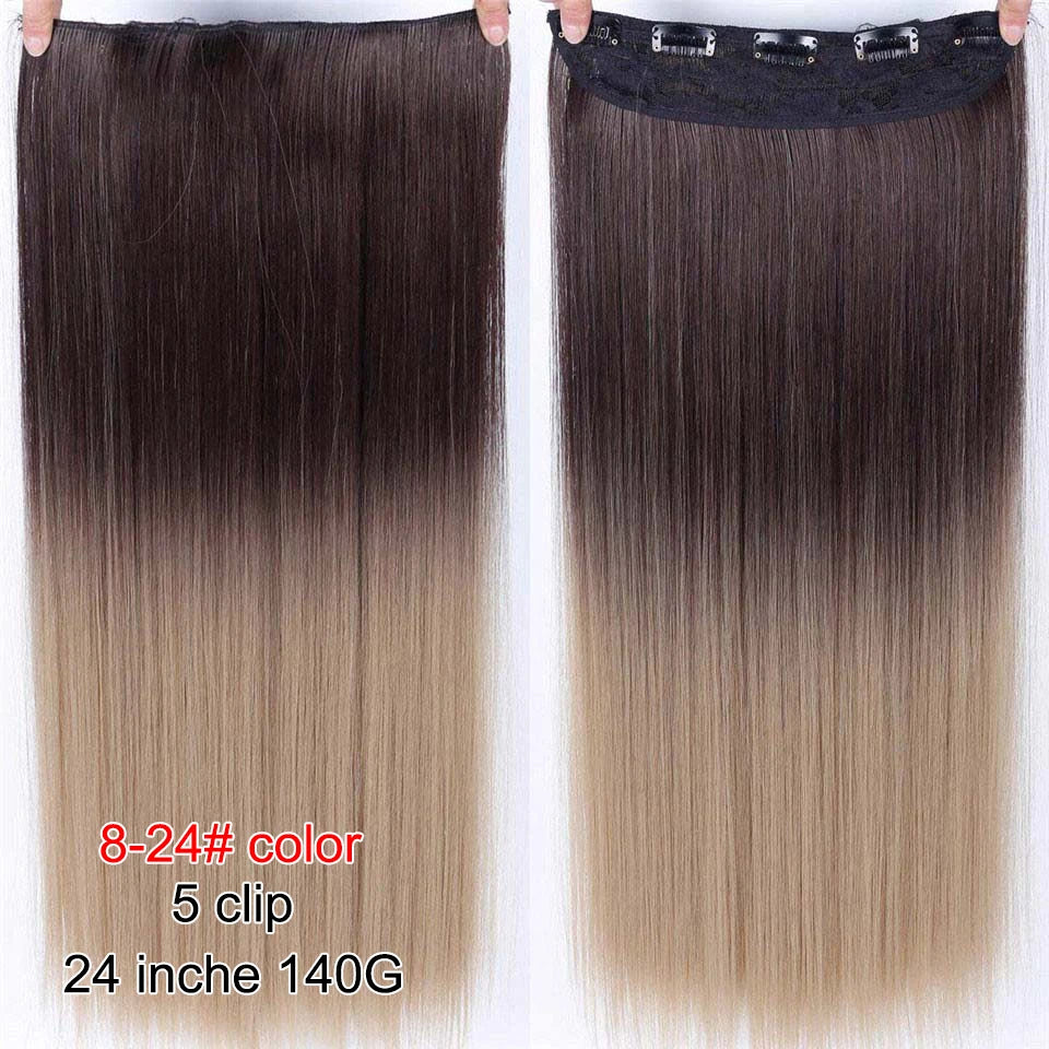 PAGEUP   5 clips on long straight hair extensions 24 Inch synthetic ombre black brown clip on fake hairpieces for women hair