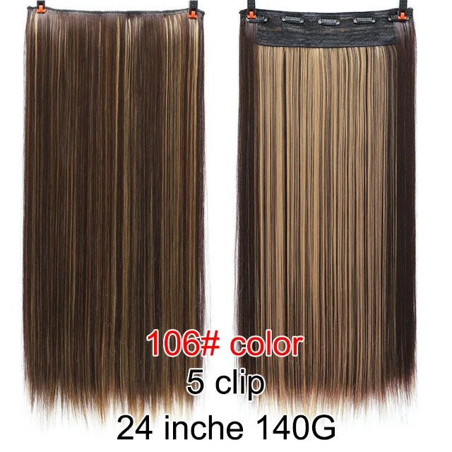 PAGEUP   5 clips on long straight hair extensions 24 Inch synthetic ombre black brown clip on fake hairpieces for women hair