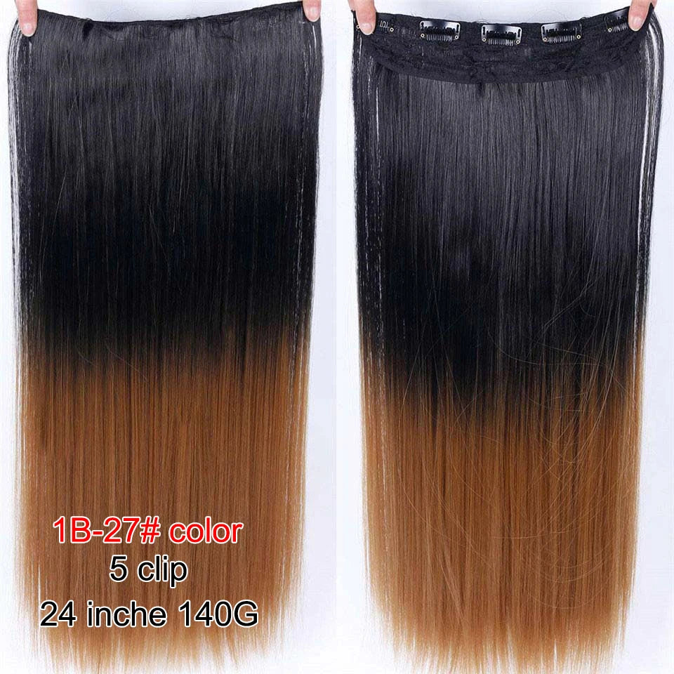 PAGEUP   5 clips on long straight hair extensions 24 Inch synthetic ombre black brown clip on fake hairpieces for women hair