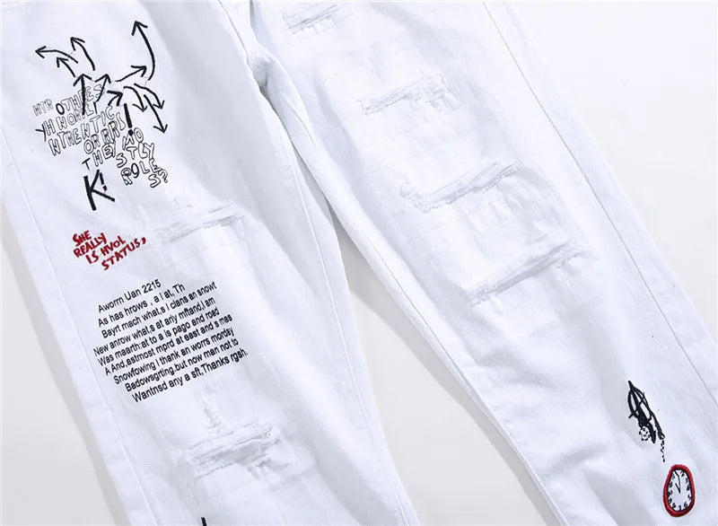 New Men Streetwear personality Ripped printed white skinny Jeans Hip Hop Punk Casual motorcycle stretch denim jeans trousers