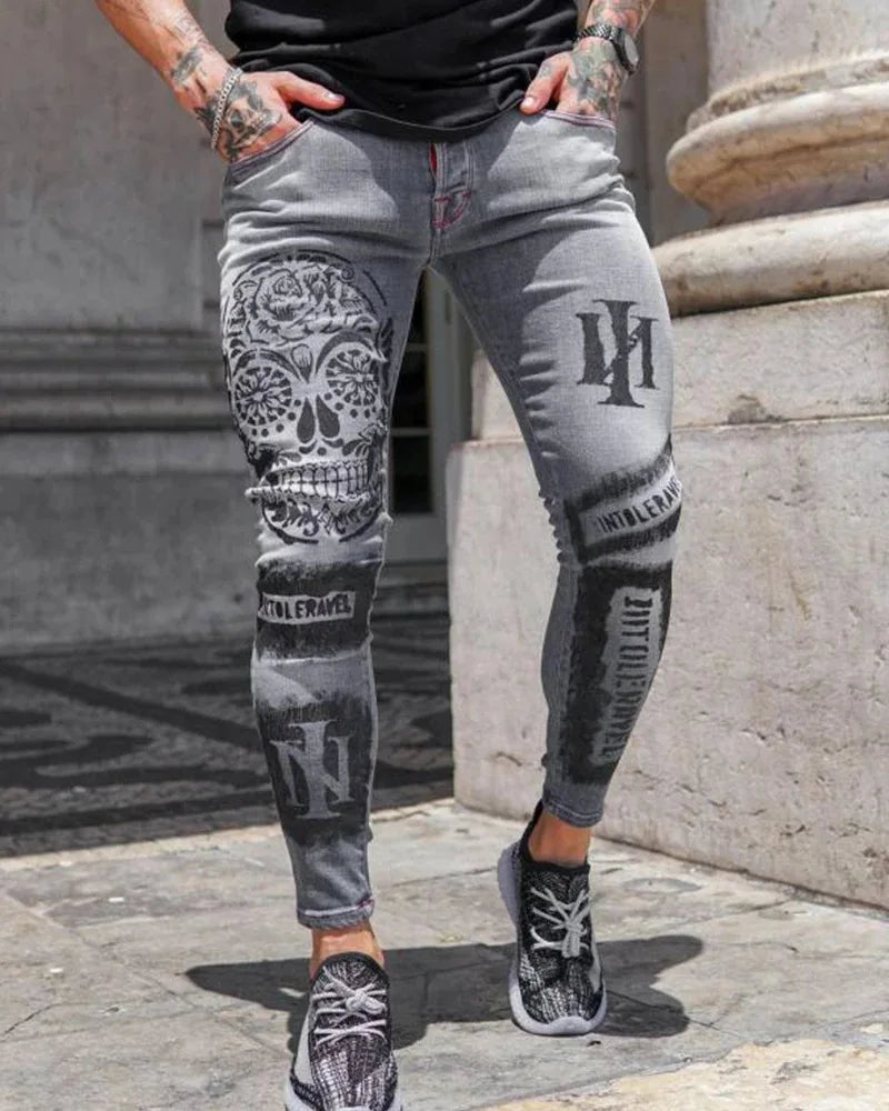 Trendy Men's Stretch Jeans Casual Pants Slim Printed Gray Jeans Men Fashion Printed Jeans Men Pencil Pants Skinny Jeans Men