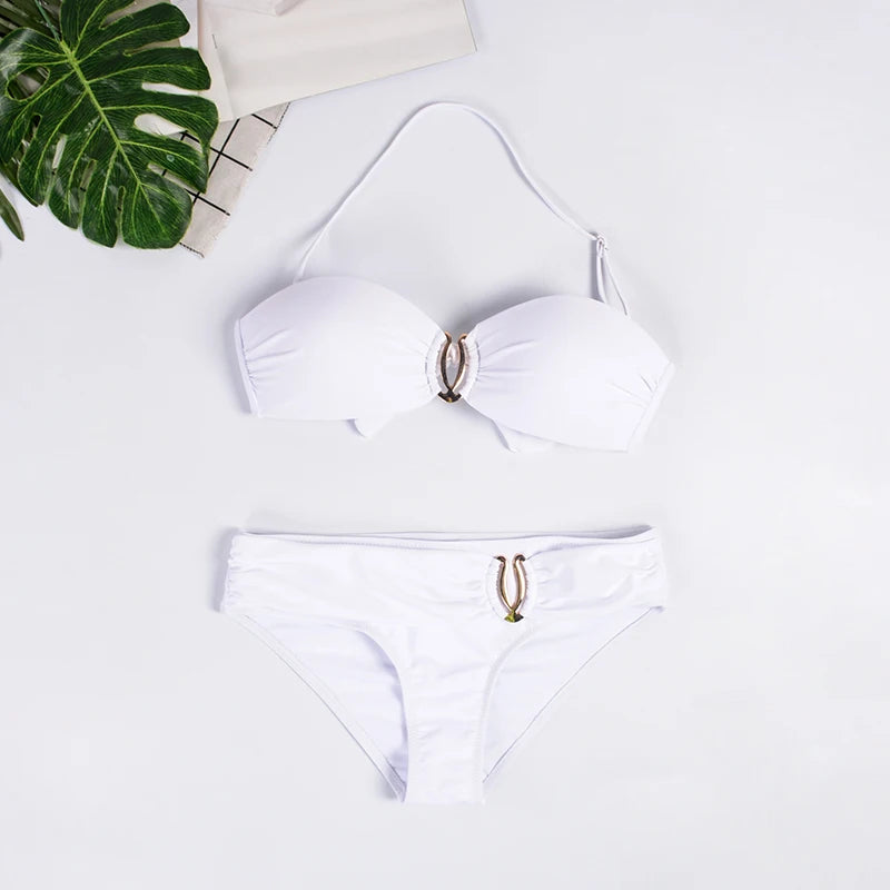 Push Up Bikini Swimwear for Women 2023 Blue Bikini Set Brazilian Bathing Suit Halter Swimsuit Black White Yellow Green