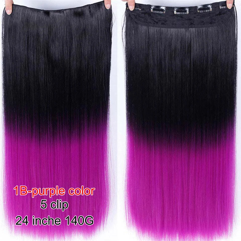 PAGEUP   5 clips on long straight hair extensions 24 Inch synthetic ombre black brown clip on fake hairpieces for women hair