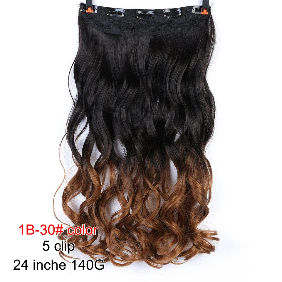 PAGEUP   5 clips on long straight hair extensions 24 Inch synthetic ombre black brown clip on fake hairpieces for women hair
