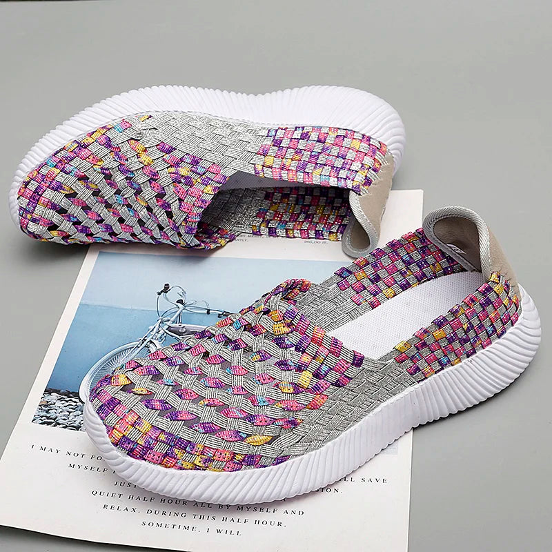 Casual Shoes Women Summer Woven Flats Sneakers Slip On Female Loafers Lightweight Breathable Boat Shoe Fashion Lady Tenis