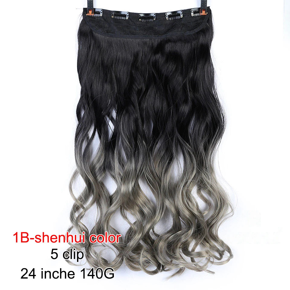 PAGEUP   5 clips on long straight hair extensions 24 Inch synthetic ombre black brown clip on fake hairpieces for women hair