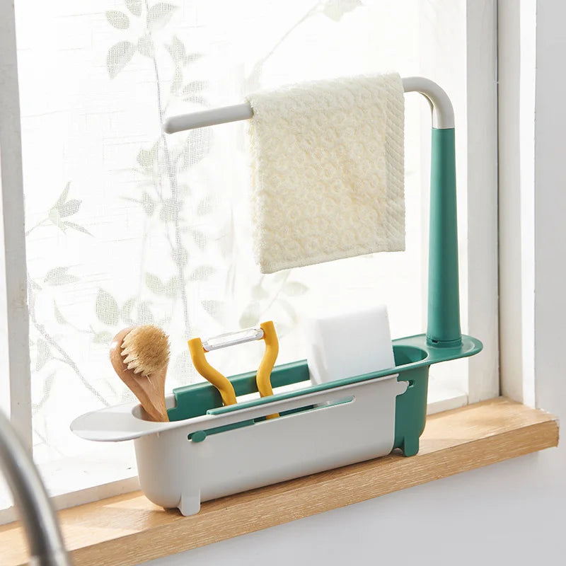 Kitchen Sink Organizer Telescopic Sink Shelf Soap Sponge Holder Towel Hanger Sink Drain Rack With Drainer Basket Kitchen Gadgets