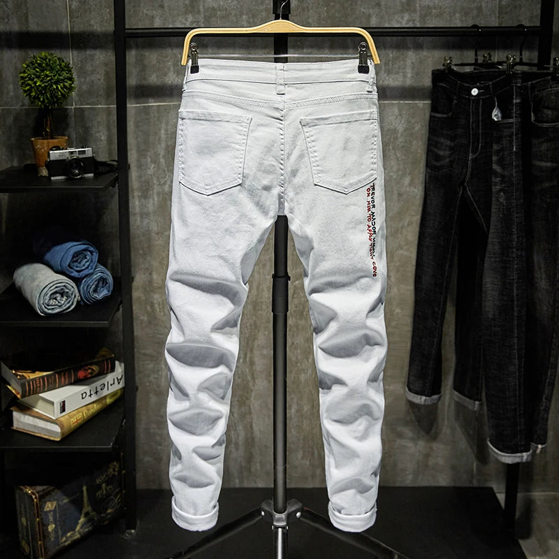 New Men Streetwear personality Ripped printed white skinny Jeans Hip Hop Punk Casual motorcycle stretch denim jeans trousers