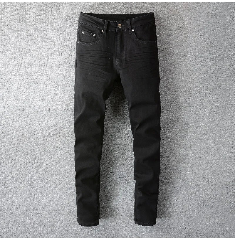 Men Black Skinny Stretch Pencil Jeans Streetwear Classic Slim Denim Pants Trousers