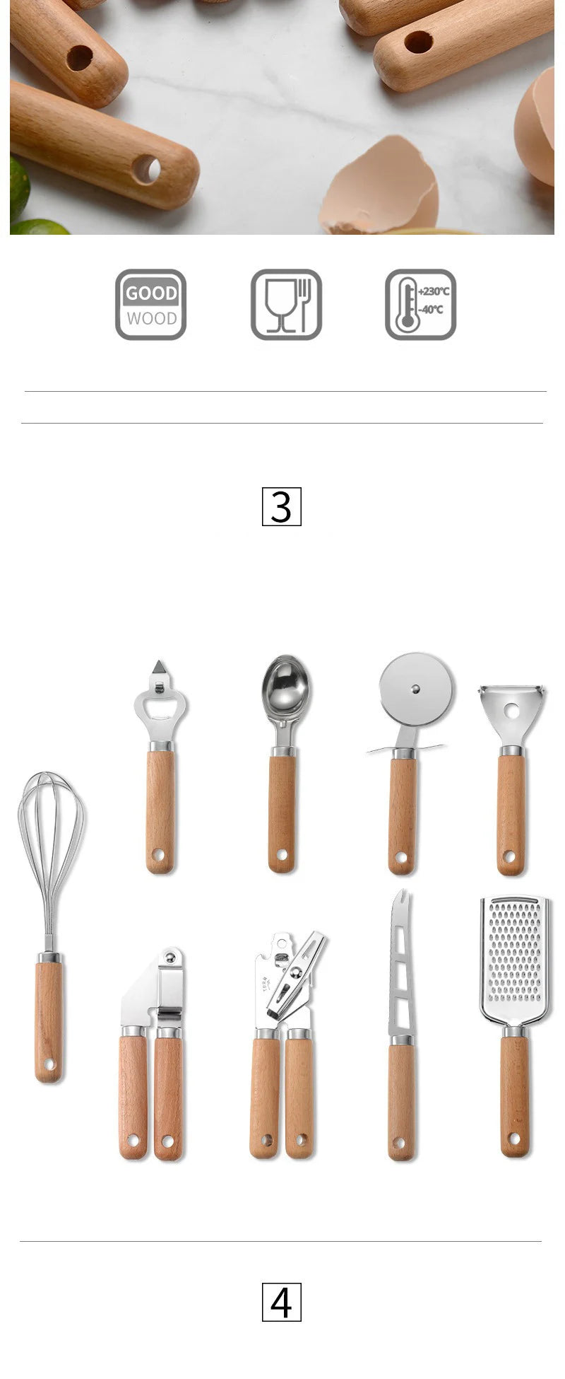 Cooking Utensils Set With Wooden Handle Can Opener Baking Set Cooking Tool Kitchenware Pizza Peeler Cheese Knife Kitchen Gadget