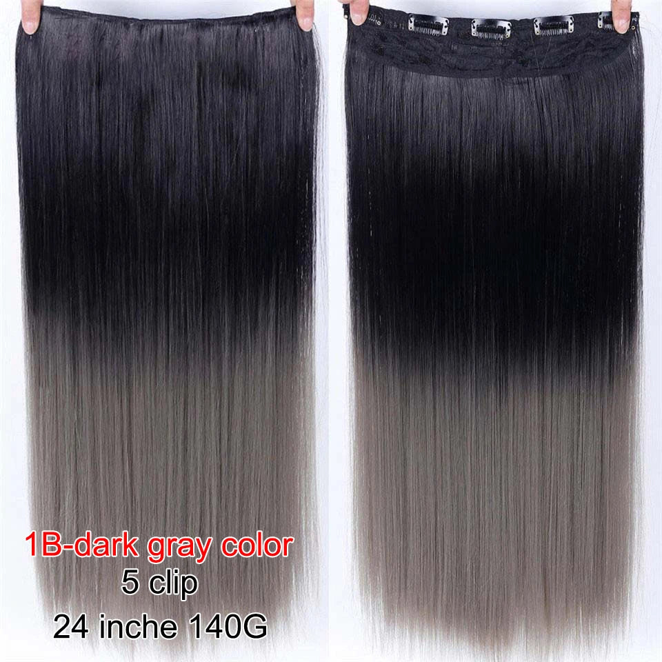 PAGEUP   5 clips on long straight hair extensions 24 Inch synthetic ombre black brown clip on fake hairpieces for women hair