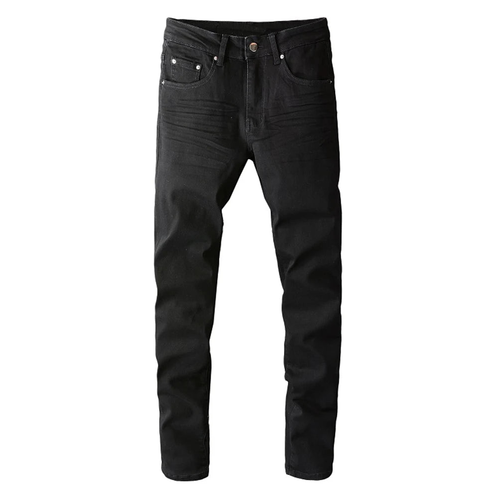 Men Black Skinny Stretch Pencil Jeans Streetwear Classic Slim Denim Pants Trousers